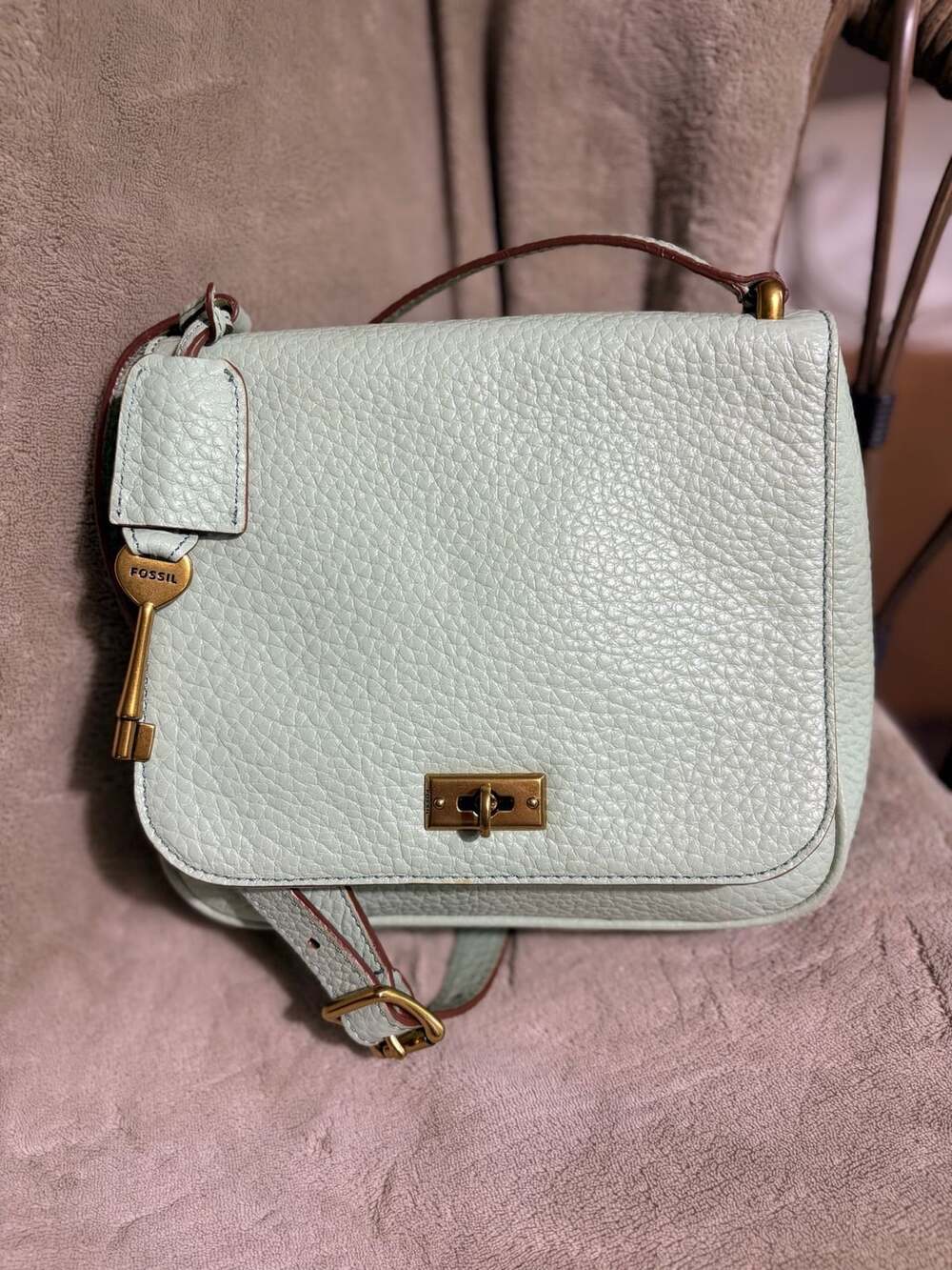 Fossil Memoir Flap Crossbody Bag Mint Green Pebbled Leather